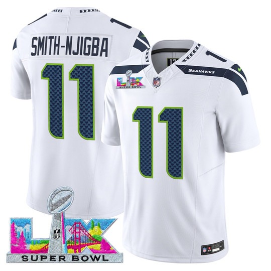 Men's Seattle Seahawks #11 Jaxon Smith-Njigba White 2026 Super Bowl LX Patch F.U.S.E. Vapor Limited Stitched Jersey