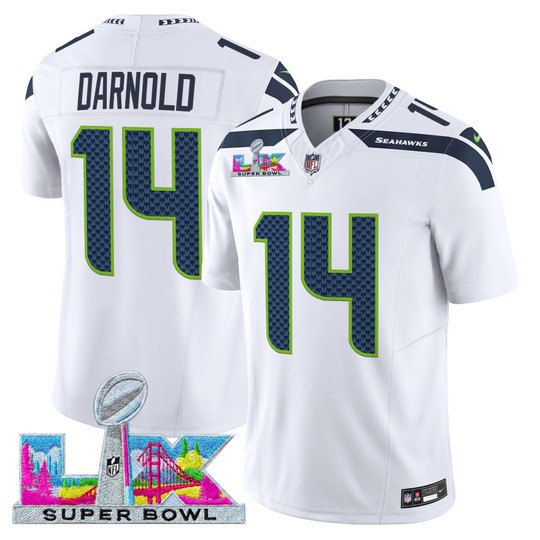 Men's Seattle Seahawks #14 Sam Darnold White 2026 Super Bowl LX Patch F.U.S.E. Vapor Limited Stitched Jersey