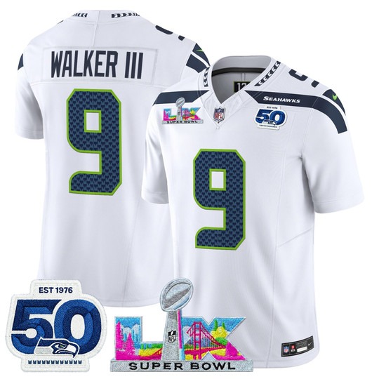 Men's Seattle Seahawks #9 Kenneth Walker III White 2026 Super Bowl LX & 50th Patch F.U.S.E. Vapor Limited Stitched Jersey