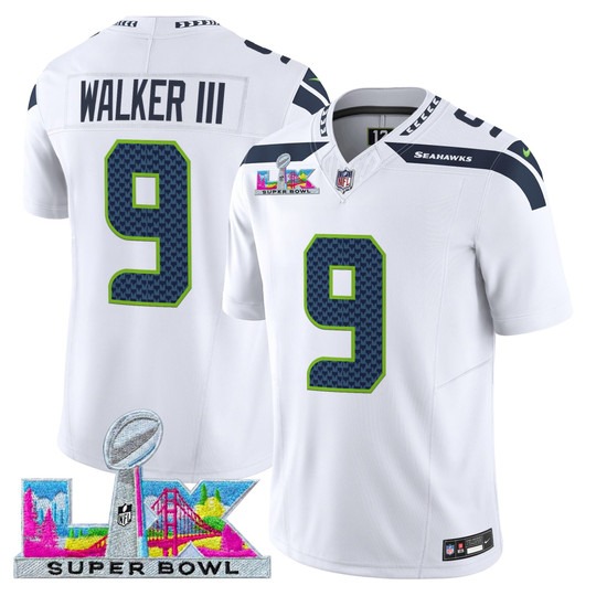 Men's Seattle Seahawks #9 Kenneth Walker III White 2026 Super Bowl LX Patch F.U.S.E. Vapor Limited Stitched Jersey