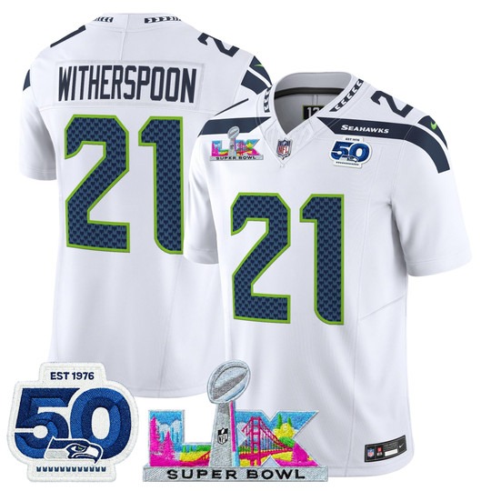 Men's Seattle Seahawks #21 Devon Witherspoon White 2026 Super Bowl LX & 50th Patch F.U.S.E. Vapor Limited Stitched Jersey