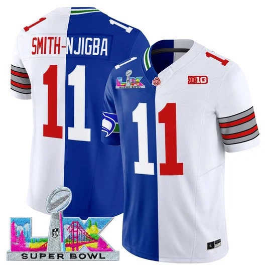 Men's Seattle Seahawks Ohio State Buckeyes #11 Jaxon Smith-Njigba Split Royal White F.U.S.E. 2026 Super Bowl LX Vapor Limited Stitched Jerseys