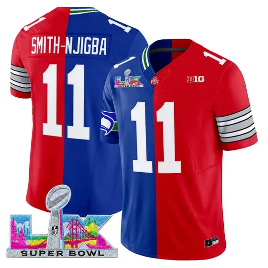 Men's Seattle Seahawks Ohio State Buckeyes #11 Jaxon Smith-Njigba Split Royal Red F.U.S.E. 2026 Super Bowl LX Vapor Limited Stitched Jersey