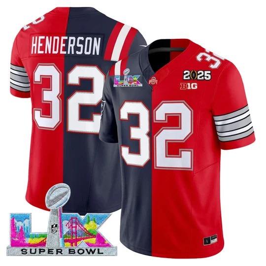 Men's New England Patriots Ohio State Buckeyes #32 TreVeyon Henderson Split Navy Red F.U.S.E. 2026 Super Bowl LX & 2025 CFP Final Patch Vapor Limited Stitched Jersey