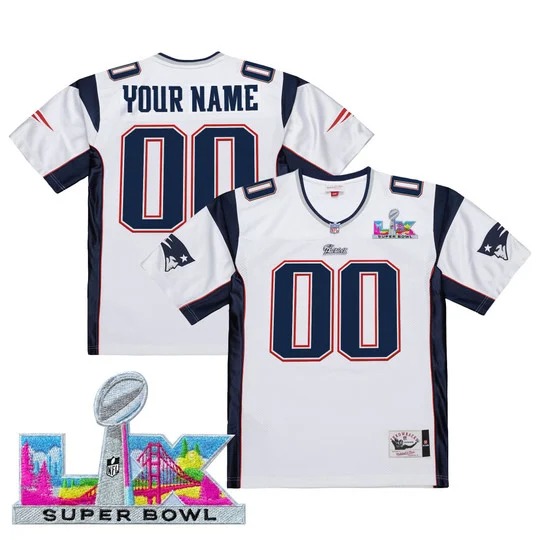 Men's New England Patriots Custom White 2026 Super Bowl LX Patch Throwback Stitched Jersey