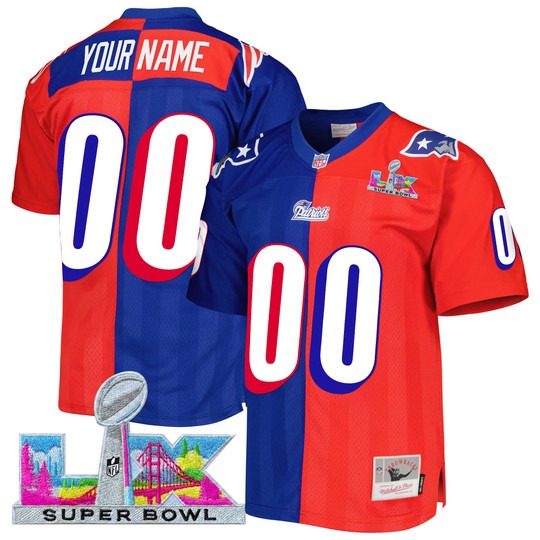 Men's New England Patriots Custom Split 2026 Super Bowl LX Patch Throwback Stitched Jersey