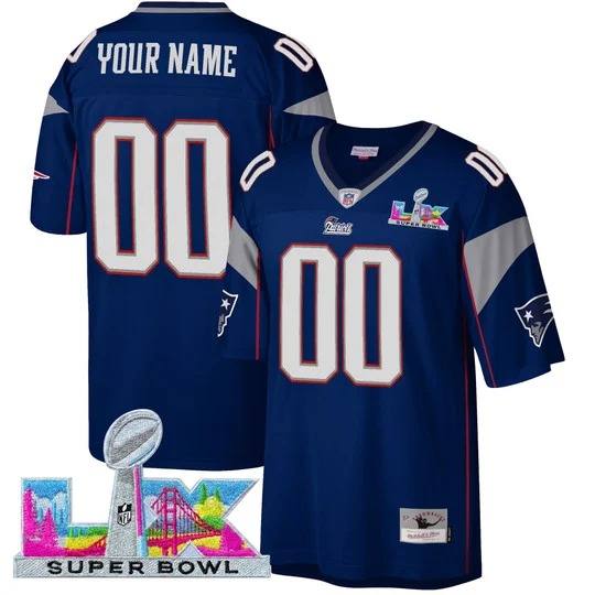 Men's New England Patriots Custom Royal 2026 Super Bowl LX Patch Throwback Stitched Jersey