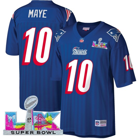 Men's New England Patriots #10 Drake Maye Navy 2026 Super Bowl LX Patch Throwback Stitched Jersey