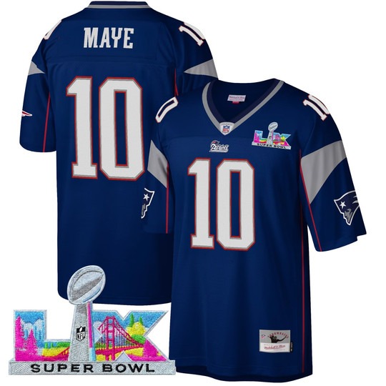 Men's New England Patriots #10 Drake Maye Royal 2026 Super Bowl LX Patch Throwback Stitched Jersey