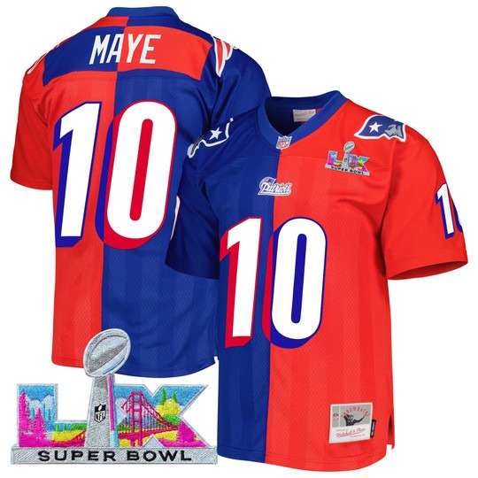 Men's New England Patriots #10 Drake Maye Split 2026 Super Bowl LX Patch Throwback Stitched Jersey