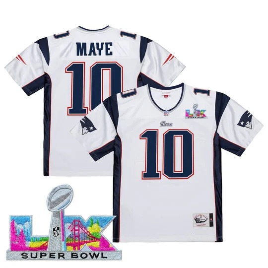 Men's New England Patriots #10 Drake Maye White 2026 Super Bowl LX Patch Throwback Stitched Jersey