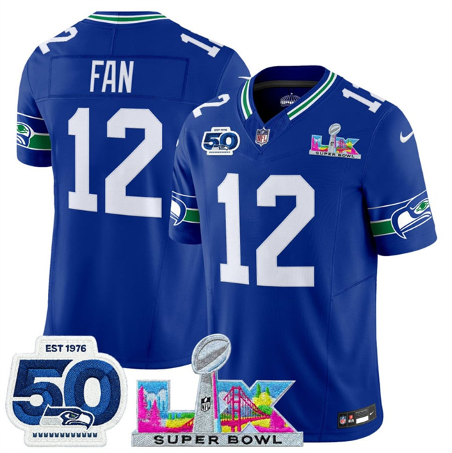 Youth Seattle Seahawks #12 Fan Royal 2025 F.U.S.E. Super Bowl LX Patch And 50th Season Patch Vapor Throwback Limited Stitched Football Jersey