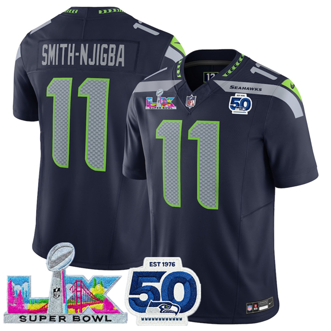 Youth Seattle Seahawks #11 Jaxon Smith-Njigba Navy 2025 F.U.S.E. Super Bowl LX Patch And 50th Season Patch Vapor Limited Stitched Football Jersey