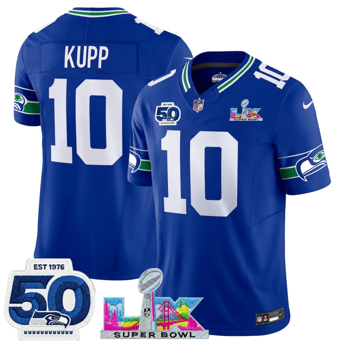 Women's Seattle Seahawks #10 Cooper Kupp Royal 2025 F.U.S.E. Super Bowl LX Patch And 50th Season Patch Vapor Throwback Limited Stitched Football Jersey(Run Small)