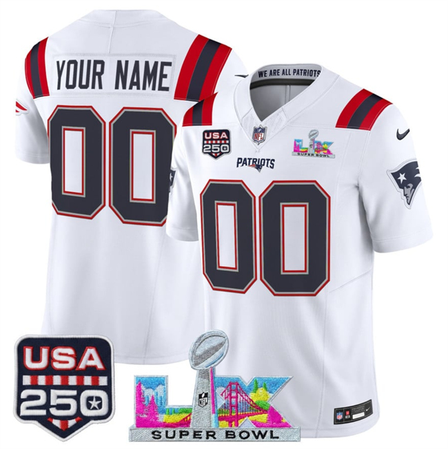 Youth New England Patriots Active Player Custom White 2025 F.U.S.E. Super Bowl LX & USA 250' Patch Vapor Limited Stitched Football Jersey