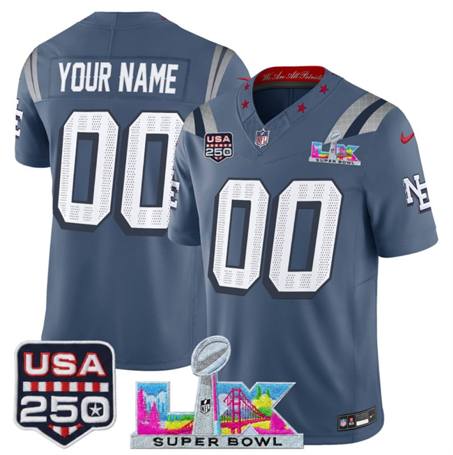 Youth New England Patriots Active Player Custom Storm Blue 2025 F.U.S.E. Super Bowl LX & USA 250' Patch “Rivalries” Vapor Limited Stitched Football Jersey