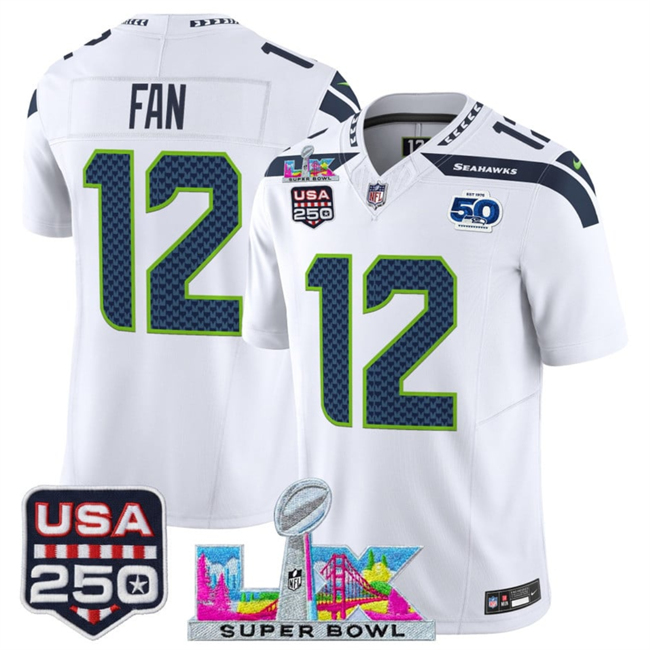 Youth Seattle Seahawks #12 Fan White 2025 F.U.S.E. Super Bowl LX Patch And 50th Season & USA 250' Patch Vapor Throwback Limited Stitched Football Jersey