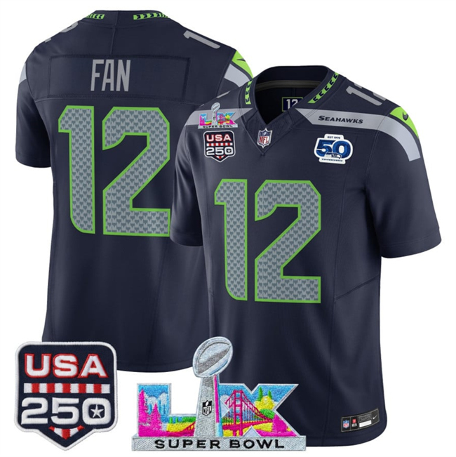 Youth Seattle Seahawks #12 Fan Navy 2025 F.U.S.E. Super Bowl LX Patch And 50th Season & USA 250' Patch Vapor Throwback Limited Stitched Football Jersey