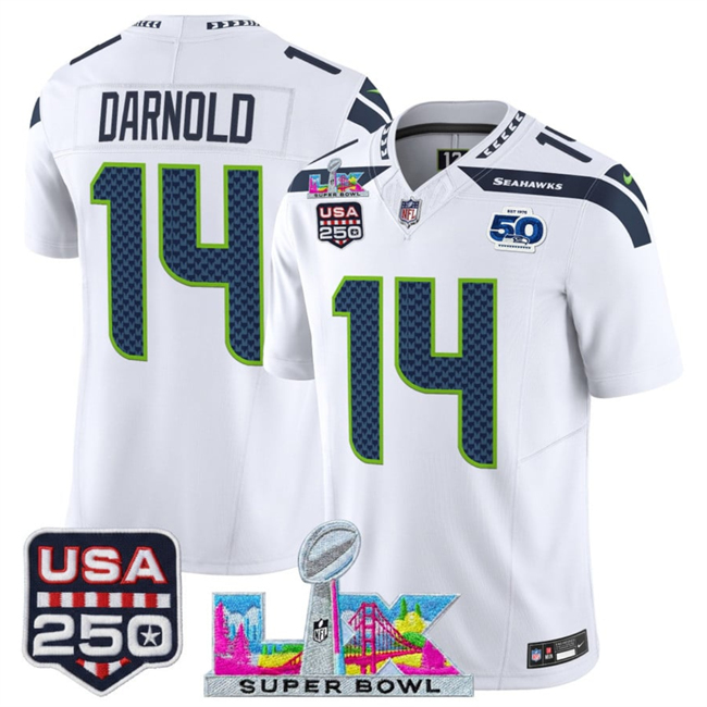 Youth Seattle Seahawks #14 Sam Darnold White 2025 F.U.S.E. Super Bowl LX Patch And 50th Season & USA 250' Patch Vapor Limited Stitched Football Jersey