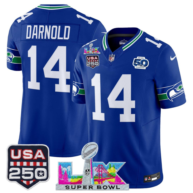 Youth Seattle Seahawks #14 Sam Darnold Royal 2025 F.U.S.E. Super Bowl LX Patch And 50th Season & USA 250' Patch Vapor Throwback Limited Stitched Football Jersey