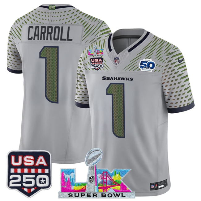 Youth Seattle Seahawks #1 Pete Carroll Gray 2025 F.U.S.E. Super Bowl LX & US 250th anniversary Patch And 50th Season Patch “Rivalries” Vapor Limited Stitched Football Jersey