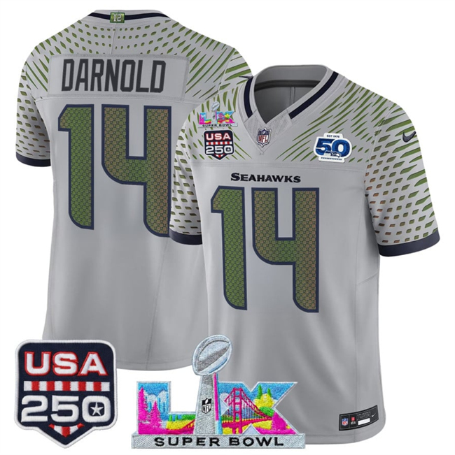 Youth Seattle Seahawks #14 Sam Darnold Gray 2025 F.U.S.E. Super Bowl LX & US 250th anniversary Patch And 50th Season Patch “Rivalries” Vapor Limited Stitched Football Jersey
