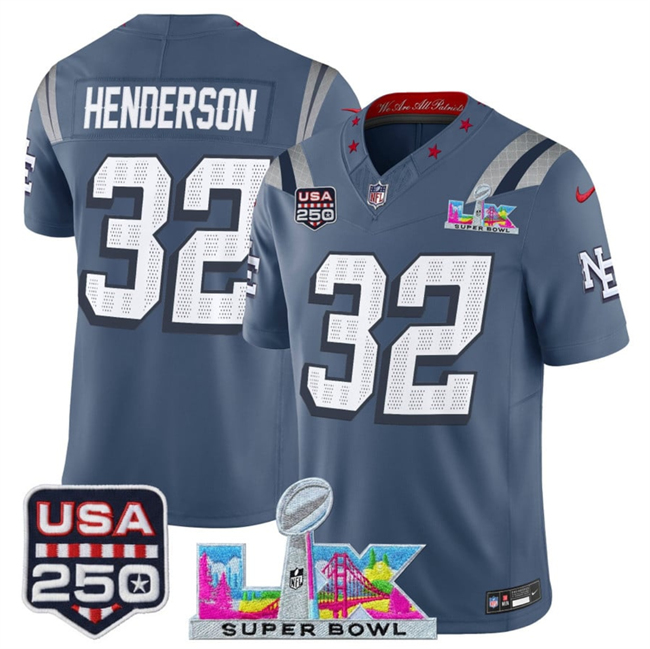 Youth New England Patriots #32 TreVeyon Henderson Storm Blue 2025 F.U.S.E. Super Bowl LX & USA 250' Patch “Rivalries” Vapor Limited Stitched Football Jersey
