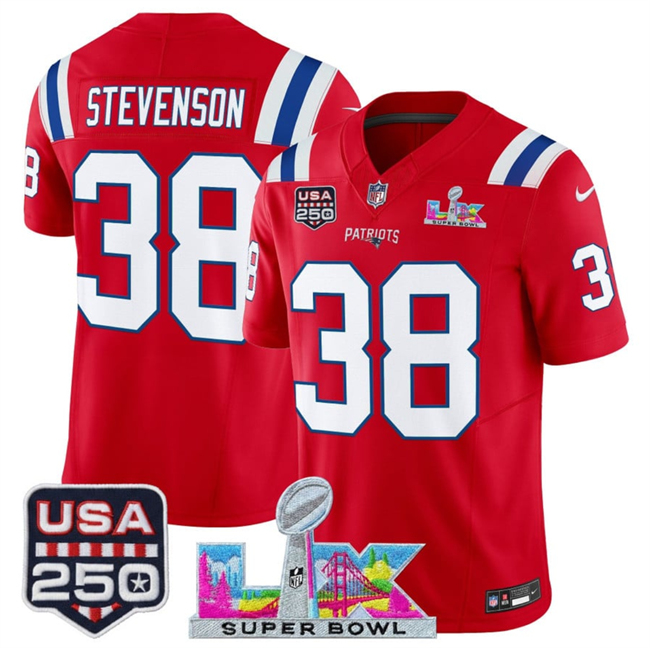 Youth New England Patriots #38 Rhamondre Stevenson Red 2025 F.U.S.E. Super Bowl LX Patch And USA 250' Patch Vapor Limited Stitched Football Jersey