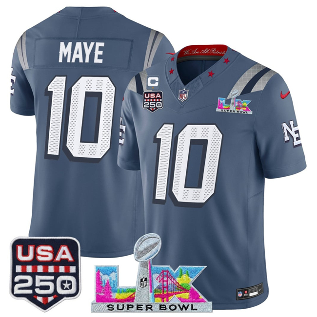Youth New England Patriots #10 Drake Maye Storm Blue 2025 F.U.S.E. 1-Star C Patch And Super Bowl LX Patch & USA 250' Patch “Rivalries” Vapor Limited Stitched Football Jersey