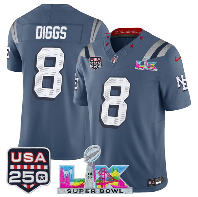 Youth New England Patriots #8 Stefon Diggs Storm Blue 2025 F.U.S.E. Super Bowl LX & USA 250' Patch “Rivalries” Vapor Limited Stitched Football Jersey