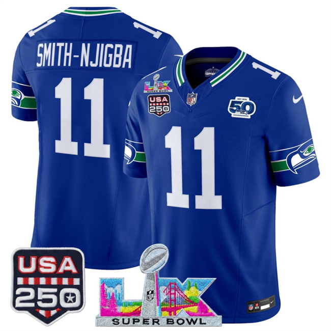 Youth Seattle Seahawks #11 Jaxon Smith-Njigba Royal 2025 F.U.S.E. Super Bowl LX Patch And 50th Season & USA 250' Patch Vapor Throwback Limited Stitched Football Jersey