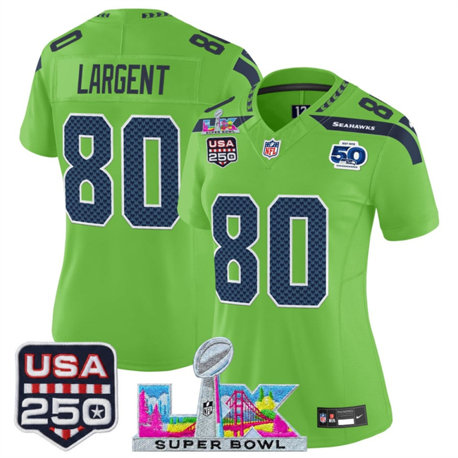 Women's Seattle Seahawks #80 Steve Largent Green 2025 F.U.S.E. Super Bowl LX Patch And 50th Season & USA 250' Patch Vapor Limited Football Stitched Jersey(Run Small)