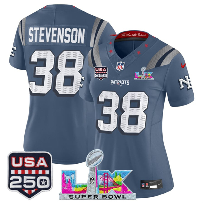 Women's New England Patriots #38 Rhamondre Stevenson Storm Blue 2025 F.U.S.E. Super Bowl LX & USA 250' Patch “Rivalries” Vapor Limited Football Stitched Jersey(Run Small)