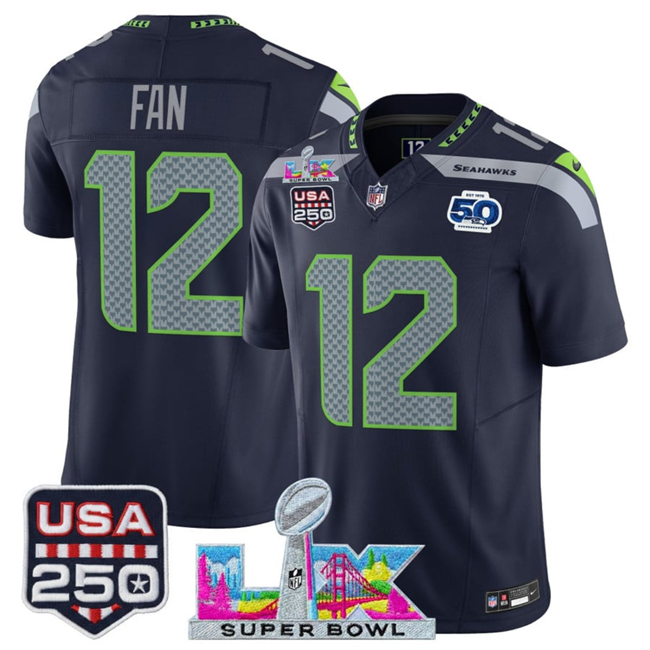 Men's Seattle Seahawks #12 Fan Navy 2025 F.U.S.E. Super Bowl LX Patch And 50th Season & USA 250' Patch Vapor Throwback Limited Stitched Football Jersey