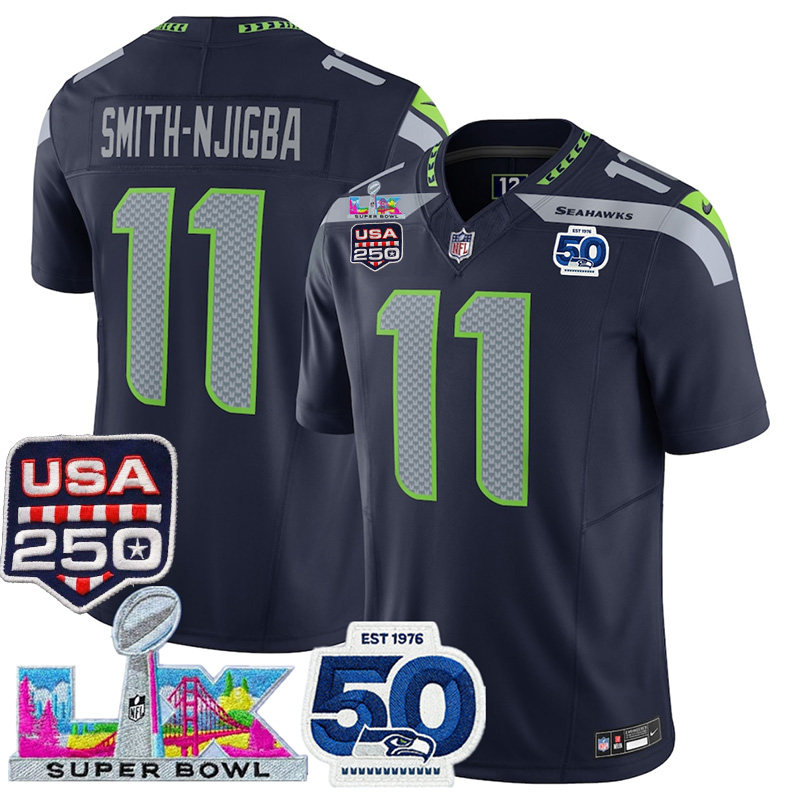 Men's Seattle Seahawks #11 Jaxon Smith-Njigba Navy 2025 F.U.S.E. Super Bowl LX Patch And 50th Season & USA 250' Patch Vapor Limited Football Stitched Jerseys