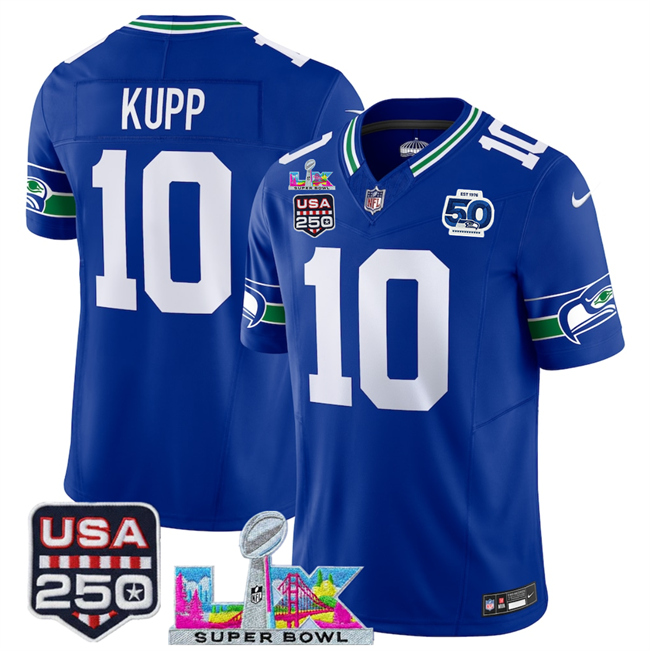 Men's Seattle Seahawks #10 Cooper Kupp Royal 2025 F.U.S.E. Super Bowl LX Patch And 50th Season & USA 250' Patch Vapor Throwback Limited Stitched Football Jersey