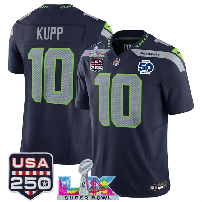 Men's Seattle Seahawks #10 Cooper Kupp Navy 2025 F.U.S.E. Super Bowl LX Patch And 50th Season & USA 250' Patch Vapor Throwback Limited Stitched Football Jersey