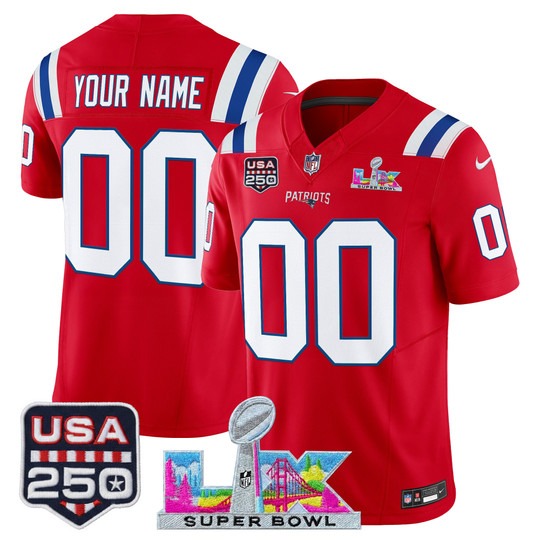 Men's New England Patriots Active Player Custom Red 2025 F.U.S.E. Super Bowl LX & USA 250' Patch “Rivalries” Vapor Limited Football Stitched Jersey