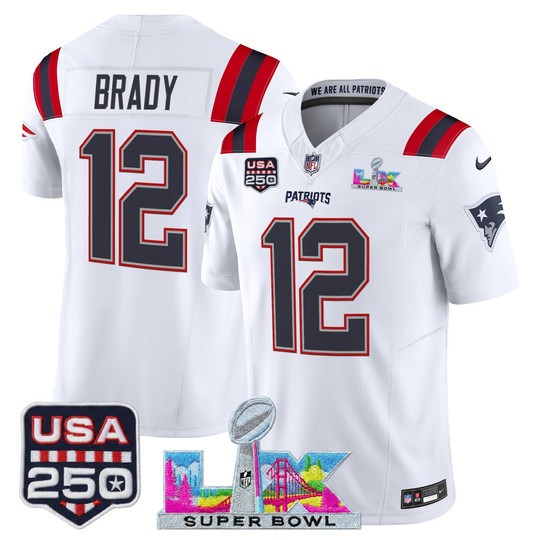 Men's New England Patriots #12 Tom Brady White 2025 F.U.S.E. Super Bowl LX Patch And USA 250' Patch Vapor Limited Football Stitched Jersey