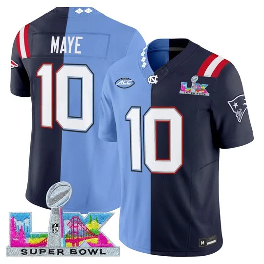 Men's New England Patriots & North Carolina Tar Heels #10 Drake Maye Split Super Bowl LX Patch F.U.S.E. Vapor Limited Stitched Football Jersey