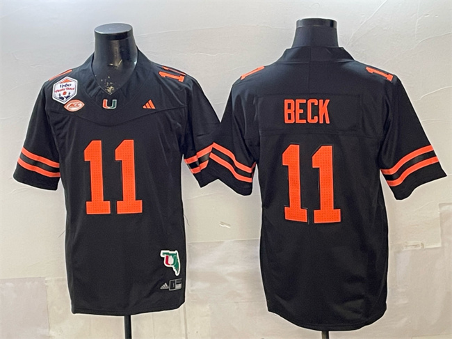 Men's Miami Hurricanes #11 Carson Beck Black F.U.S.E. Fiesta Bowl Champions & Florida Patch Stitched Football Jersey