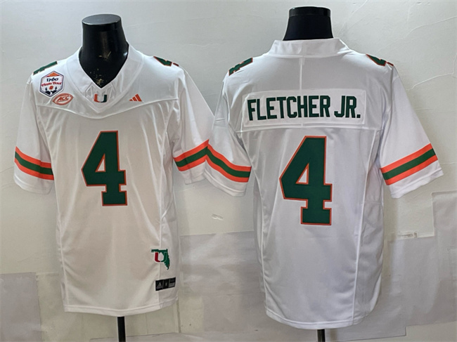 Men's Miami Hurricanes #4 Mark Fletcher Jr. White F.U.S.E. Fiesta Bowl Champions & Florida Patch Stitched Football Jersey