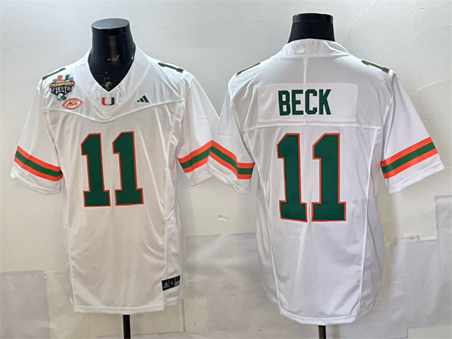Men's Miami Hurricanes #11 Carson Beck White F.U.S.E. 2026 Fiesta Bowl Champions Patch Stitched Football Jersey