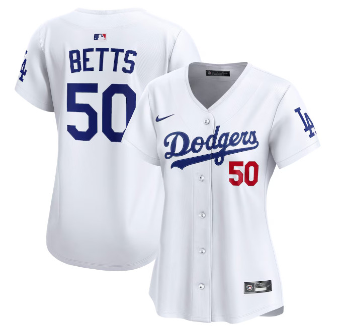 Women's Los Angeles Dodgers #50 Mookie Betts White Home Limited Stitched Baseball Jersey(Run Small)
