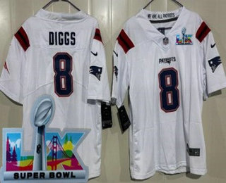 Women's New England Patriots #8 Stefon Diggs Limited White Super Bowl LX Vapor Jersey