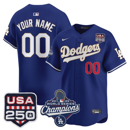 Men & Women & Youth Los Angeles Dodgers Custom Royal 'Gold Trim' 2025 World Series Champions & 250America Patch Limited Stitched Jersey