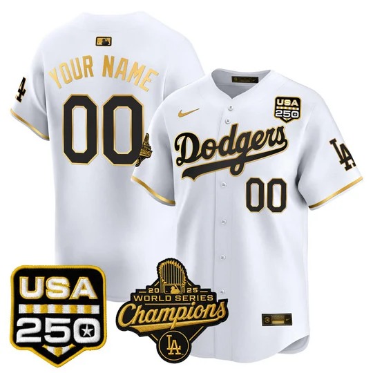 Men & Women & Youth Los Angeles Dodgers Custom White Gold 2025 World Series Champions & 250America Patch Limited Stitched Jersey