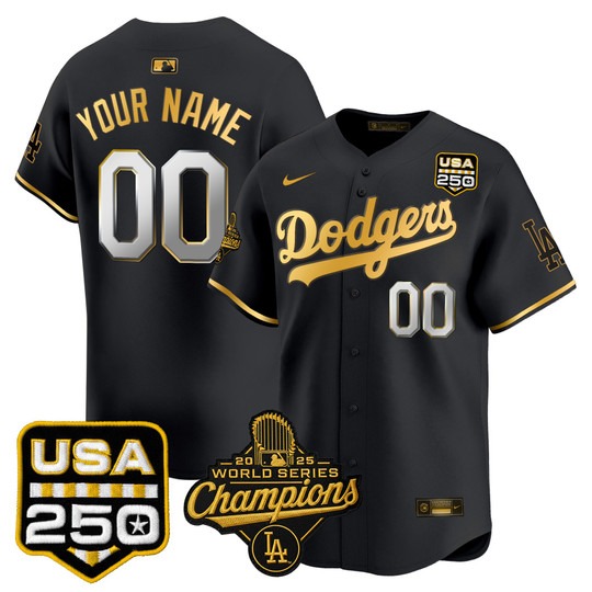 Men & Women & Youth Los Angeles Dodgers Custom Black Gold 2025 World Series Champions & 250America Patch Limited Stitched Jersey