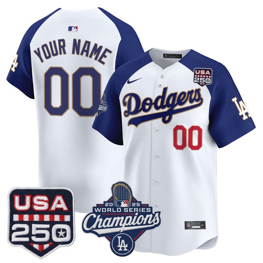 Men & Women & Youth Los Angeles Dodgers Custom White Royal 'Gold Trim' 2025 World Series Champions & 250America Patch Limited Stitched Jersey