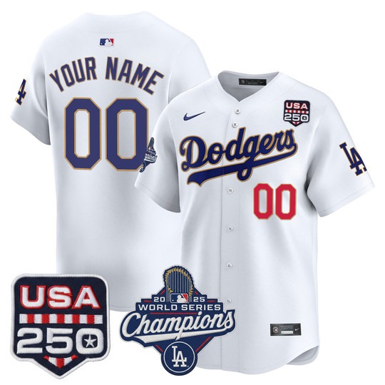 Men & Women & Youth Los Angeles Dodgers Custom White 'Gold Trim' 2025 World Series Champions & 250America Patch Limited Stitched Jersey